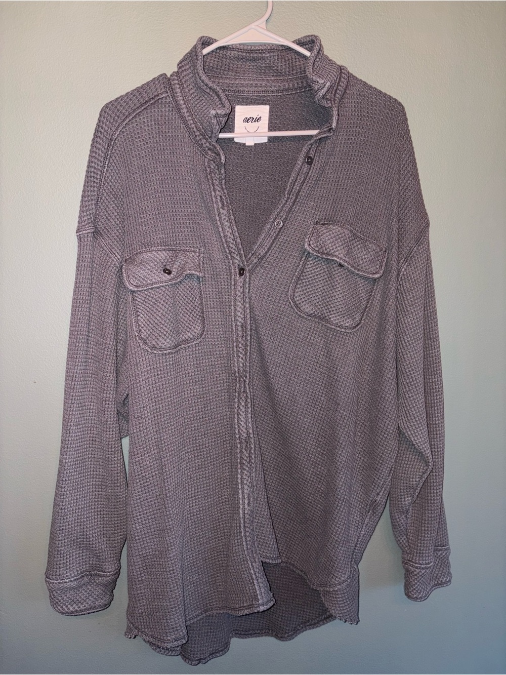 Aerie Gray Lumber Jane Waffle-Knit Button Pullover Sweater